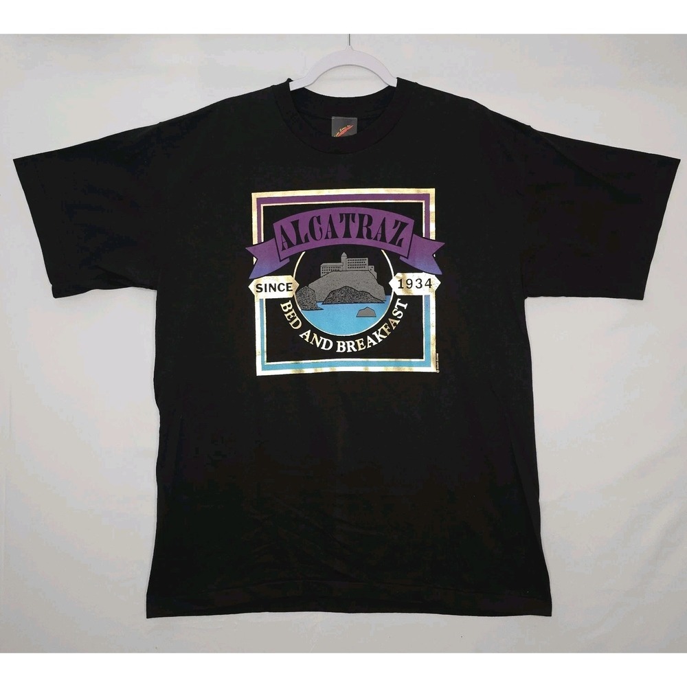VTG 90s Alcatraz Bed & Breakfast Since 1934 Black T-Shirt Keehn Scenes XL SS USA